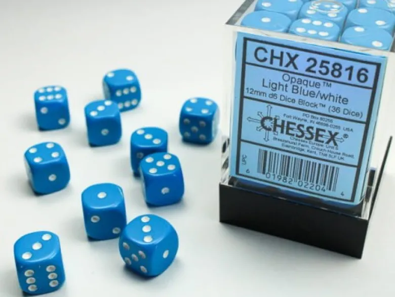 Chessex: - Opaque Light Blue/White 12mm d6 dice block (36)