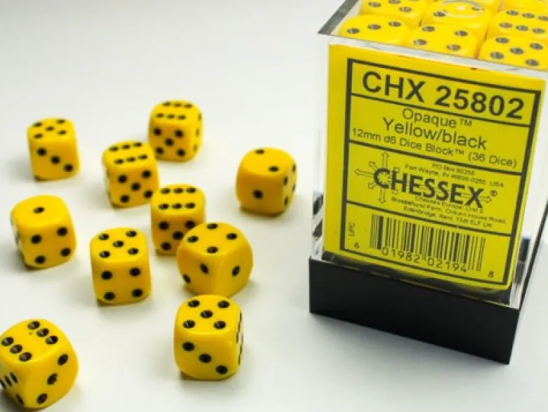 Chessex: - Opaque Yellow/Black 12mm d6 dice block (36)