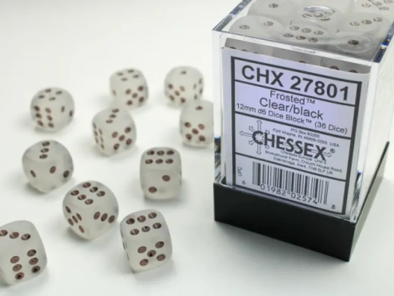Kości Chessex: 12mm D6 (36) Frosted Clear/Black