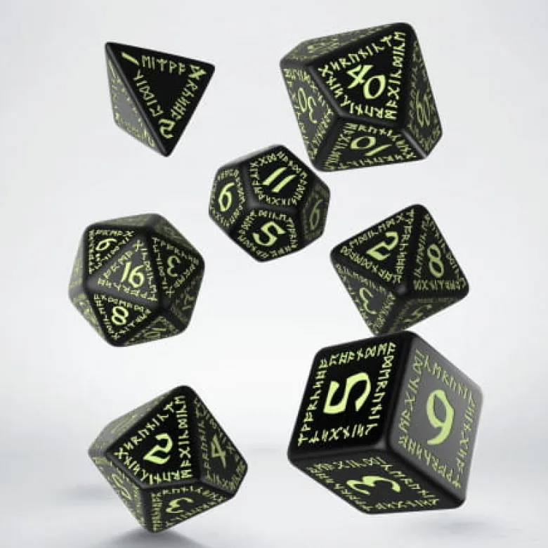 Kości RPG Runiczne Czarno-fosforyzujące (7)